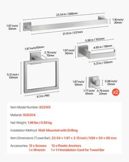image-VEVOR Brushed Nickel Bathroom Hardware Set, 5 Pieces Bathroom Accessories Set, Stainless Steel 24 inch Towel Bar, Towel Rack, 2 Robe Towel Hooks, Toilet Paper Holder for Bath Room, Wall Mounted