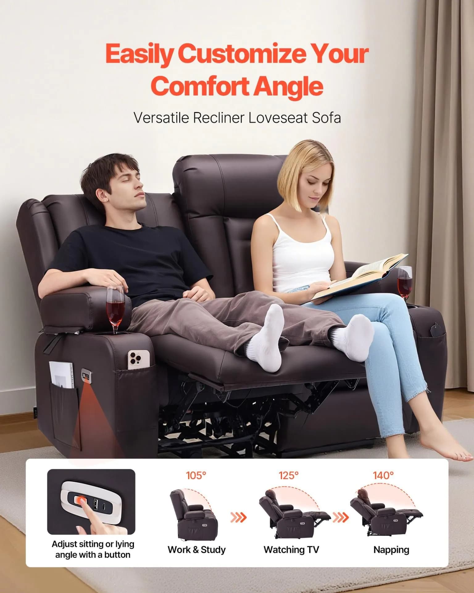 image-VEVOR Loveseat Recliner Sofa, Power Reclining Couch with Heating & Massage and Timer, PU Leather Electric Recliner Sofa with USB Ports, Cup Holders and Side Bags, Dual Loveseat Chair for Living Room