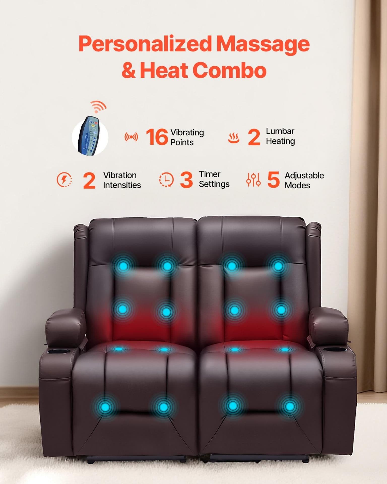 image-VEVOR Loveseat Recliner Sofa, Power Reclining Couch with Heating & Massage and Timer, PU Leather Electric Recliner Sofa with USB Ports, Cup Holders and Side Bags, Dual Loveseat Chair for Living Room