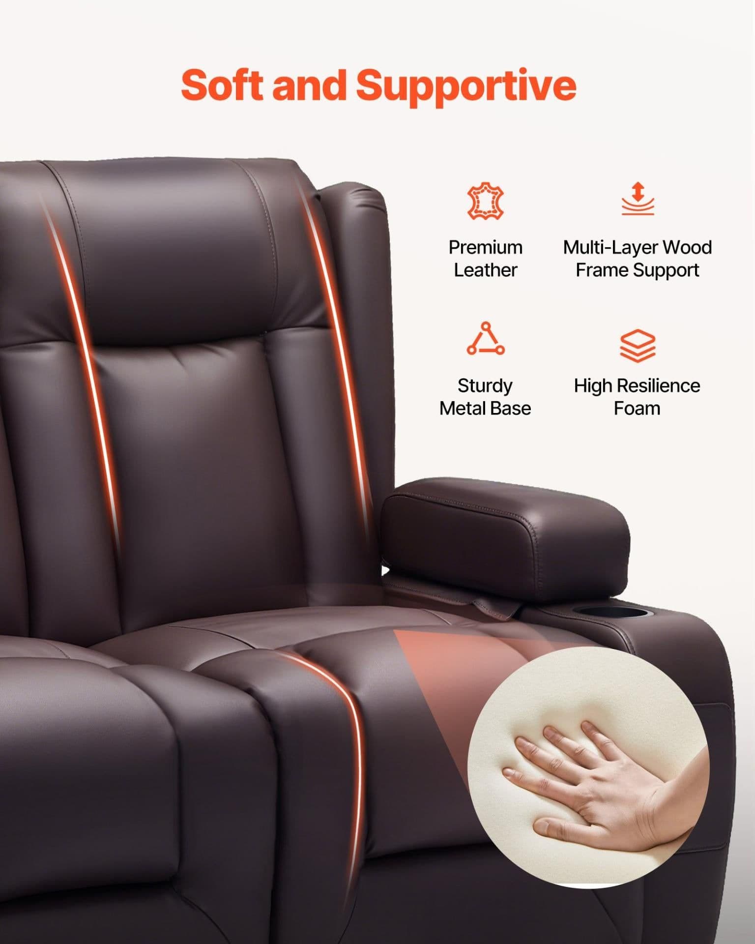 image-VEVOR Loveseat Recliner Sofa, Power Reclining Couch with Heating & Massage and Timer, PU Leather Electric Recliner Sofa with USB Ports, Cup Holders and Side Bags, Dual Loveseat Chair for Living Room