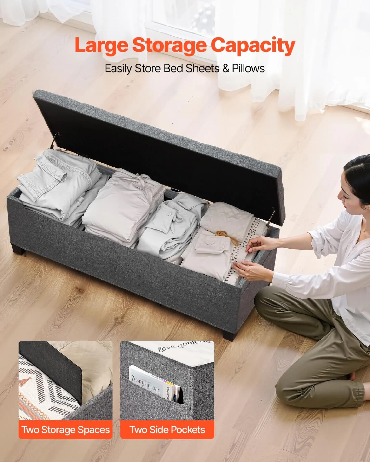 image-VEVOR Storage Ottoman Bench, Button-Tufted End of Bed Bench with Side Bags, Flip-up Upholstered Storage Chest with Metal Frame, Linen Bed Ottoman for Living Room, Bedroom, Entryway, Office, Grey