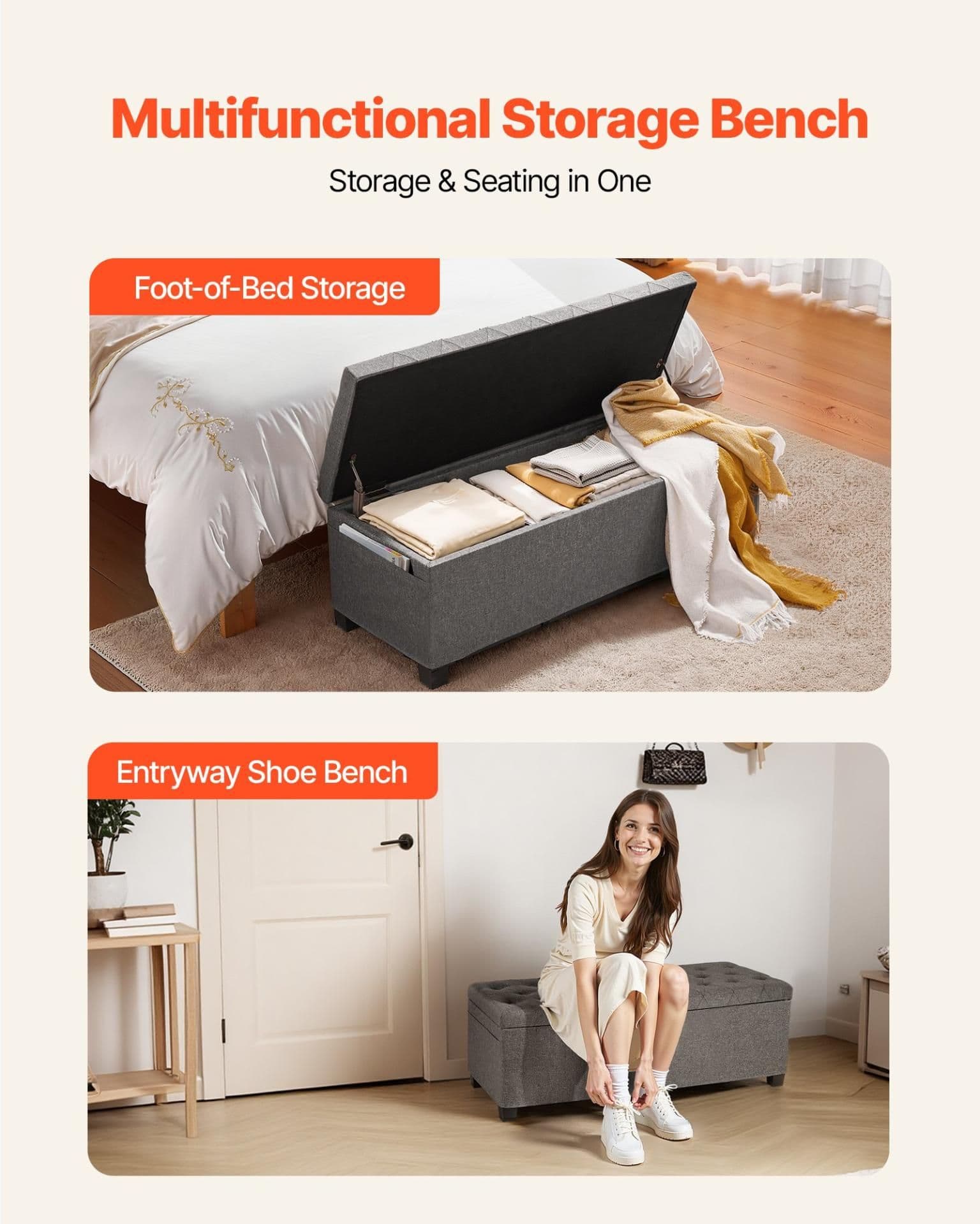 image-VEVOR Storage Ottoman Bench, Button-Tufted End of Bed Bench with Side Bags, Flip-up Upholstered Storage Chest with Metal Frame, Linen Bed Ottoman for Living Room, Bedroom, Entryway, Office, Grey