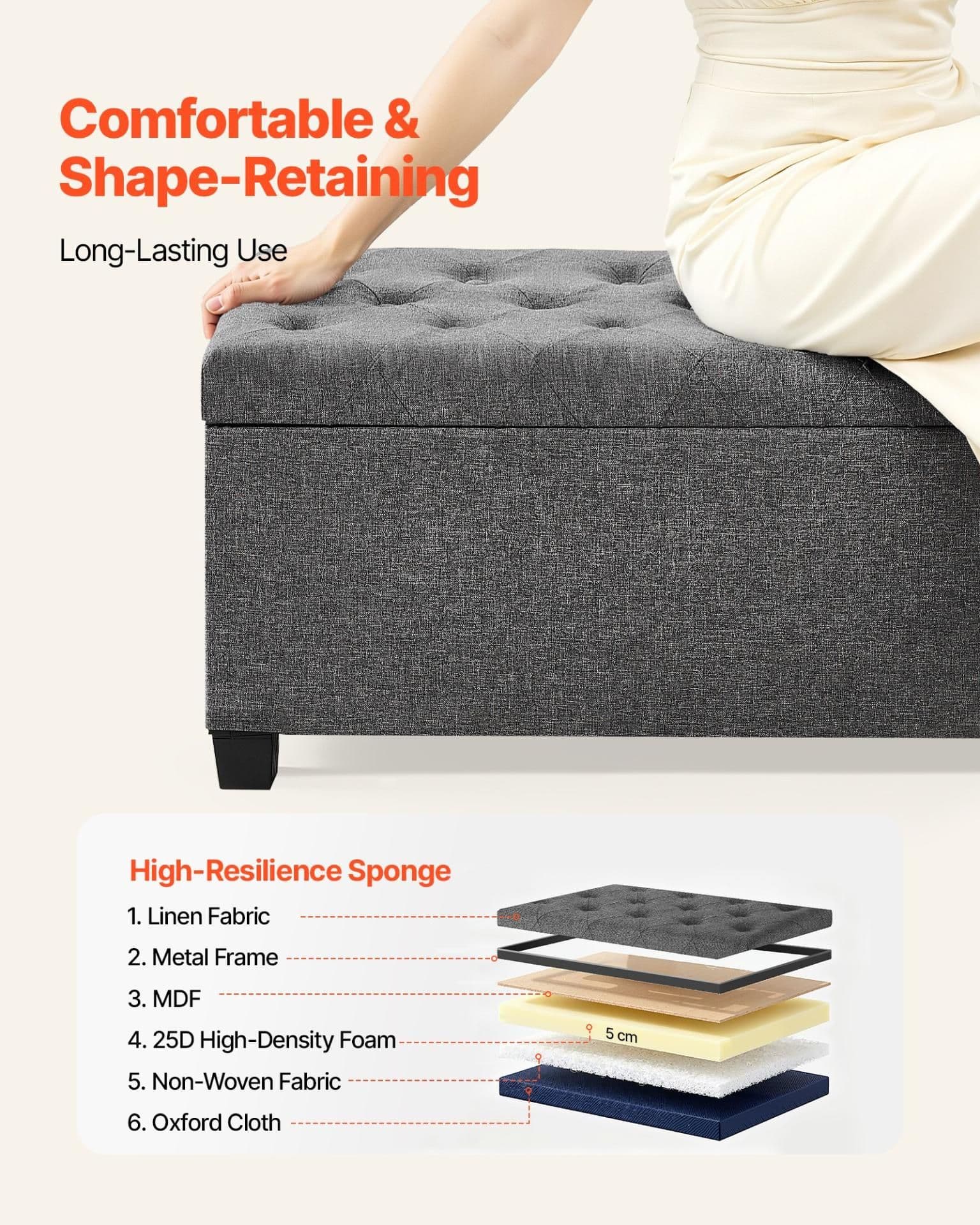 image-VEVOR Storage Ottoman Bench, Button-Tufted End of Bed Bench with Side Bags, Flip-up Upholstered Storage Chest with Metal Frame, Linen Bed Ottoman for Living Room, Bedroom, Entryway, Office, Grey
