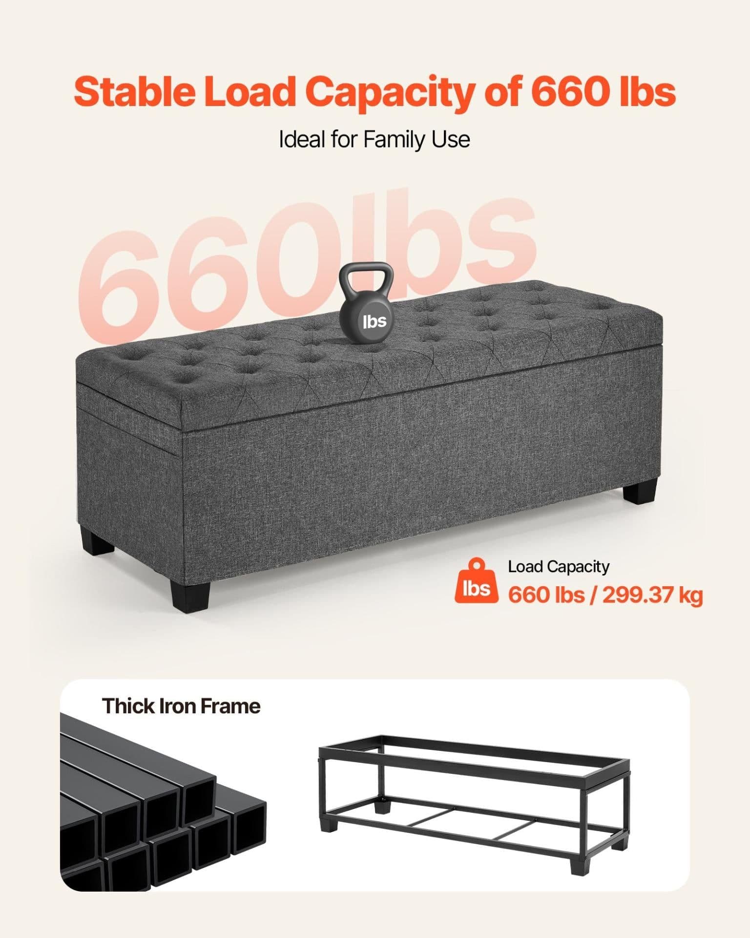 image-VEVOR Storage Ottoman Bench, Button-Tufted End of Bed Bench with Side Bags, Flip-up Upholstered Storage Chest with Metal Frame, Linen Bed Ottoman for Living Room, Bedroom, Entryway, Office, Grey