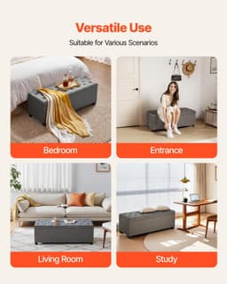 image-VEVOR Storage Ottoman Bench, Button-Tufted End of Bed Bench with Side Bags, Flip-up Upholstered Storage Chest with Metal Frame, Linen Bed Ottoman for Living Room, Bedroom, Entryway, Office, Grey