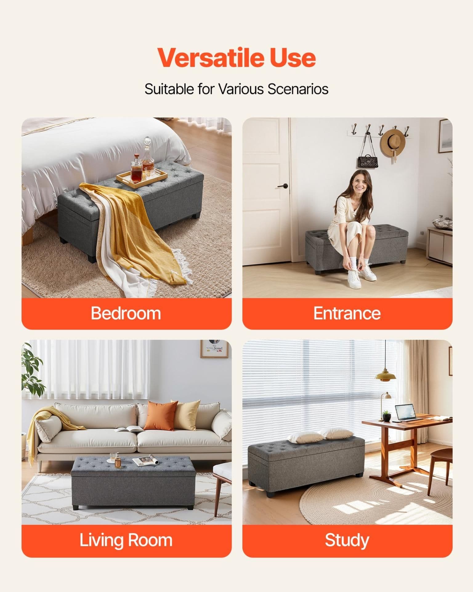 image-VEVOR Storage Ottoman Bench, Button-Tufted End of Bed Bench with Side Bags, Flip-up Upholstered Storage Chest with Metal Frame, Linen Bed Ottoman for Living Room, Bedroom, Entryway, Office, Grey