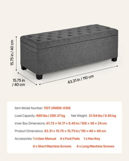 image-VEVOR Storage Ottoman Bench, Button-Tufted End of Bed Bench with Side Bags, Flip-up Upholstered Storage Chest with Metal Frame, Linen Bed Ottoman for Living Room, Bedroom, Entryway, Office, Grey
