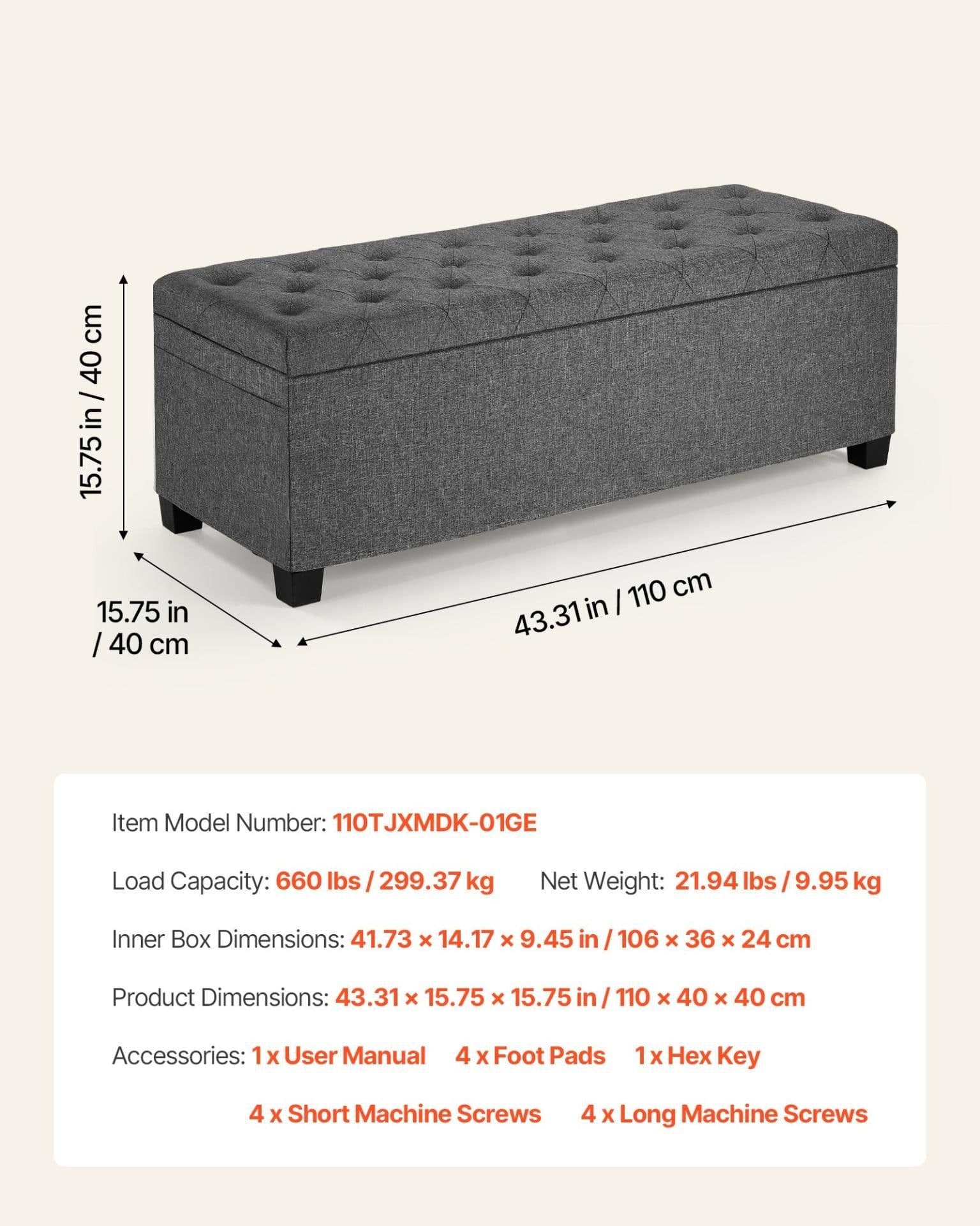 image-VEVOR Storage Ottoman Bench, Button-Tufted End of Bed Bench with Side Bags, Flip-up Upholstered Storage Chest with Metal Frame, Linen Bed Ottoman for Living Room, Bedroom, Entryway, Office, Grey