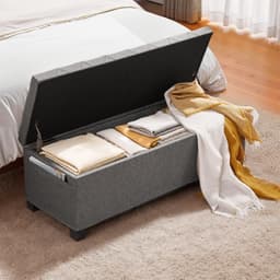 image-VEVOR Storage Ottoman Bench, Button-Tufted End of Bed Bench with Side Bags, Flip-up Upholstered Storage Chest with Metal Frame, Linen Bed Ottoman for Living Room, Bedroom, Entryway, Office, Grey