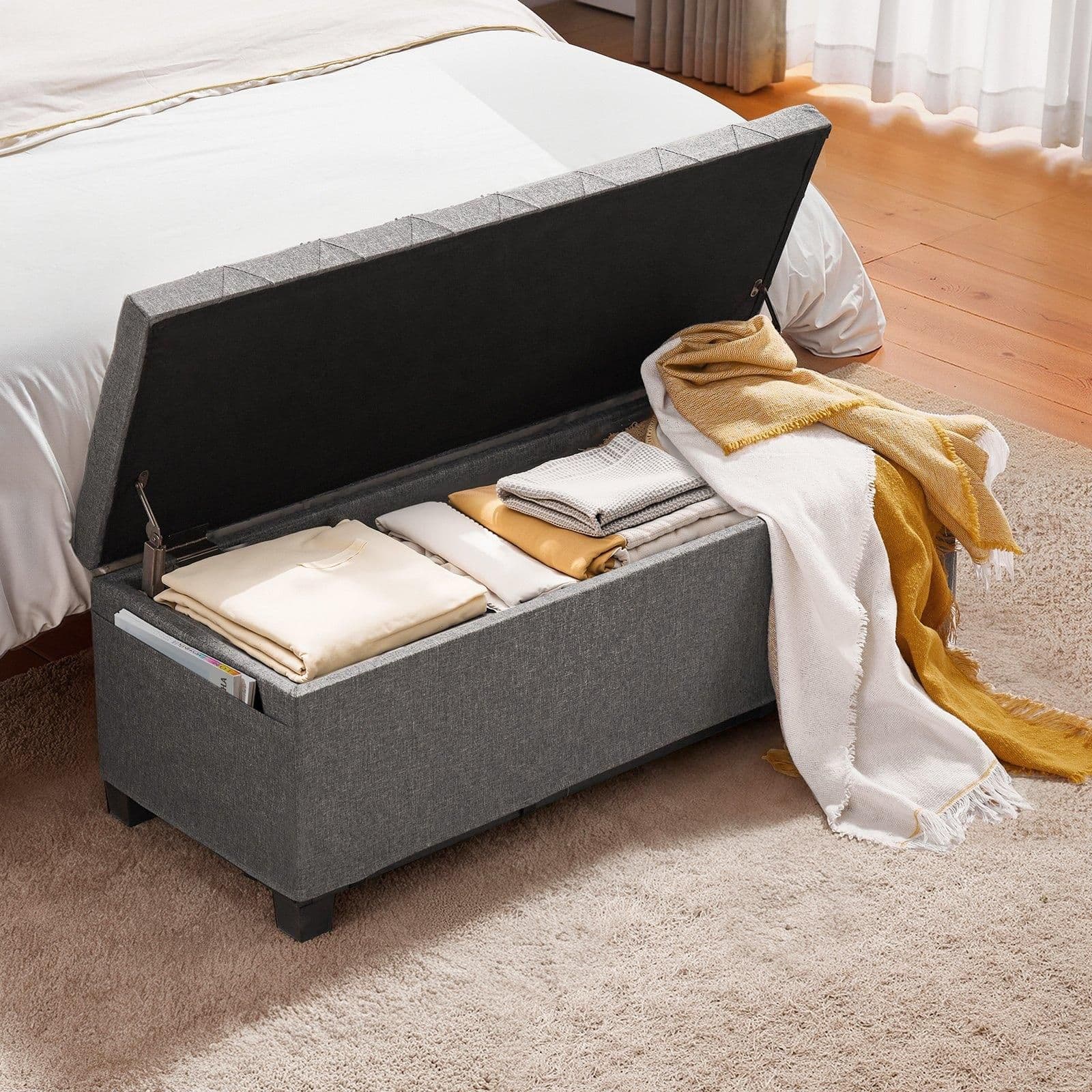 image-VEVOR Storage Ottoman Bench, Button-Tufted End of Bed Bench with Side Bags, Flip-up Upholstered Storage Chest with Metal Frame, Linen Bed Ottoman for Living Room, Bedroom, Entryway, Office, Grey