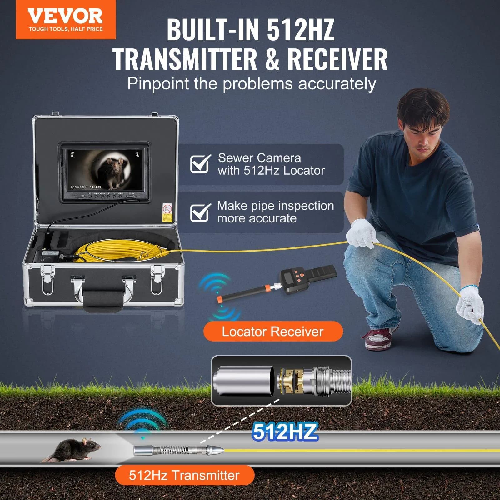 image-VEVOR Sewer Camera with 512Hz Locator, 98 ft/30 m, 9" Drain Inspection Camera with Self-Leveling, 36X Zoom, Plumbing Camera with Lights-12 LED, 32GB Card, IP68 Waterproof Snake Camera for Duct Pipe
