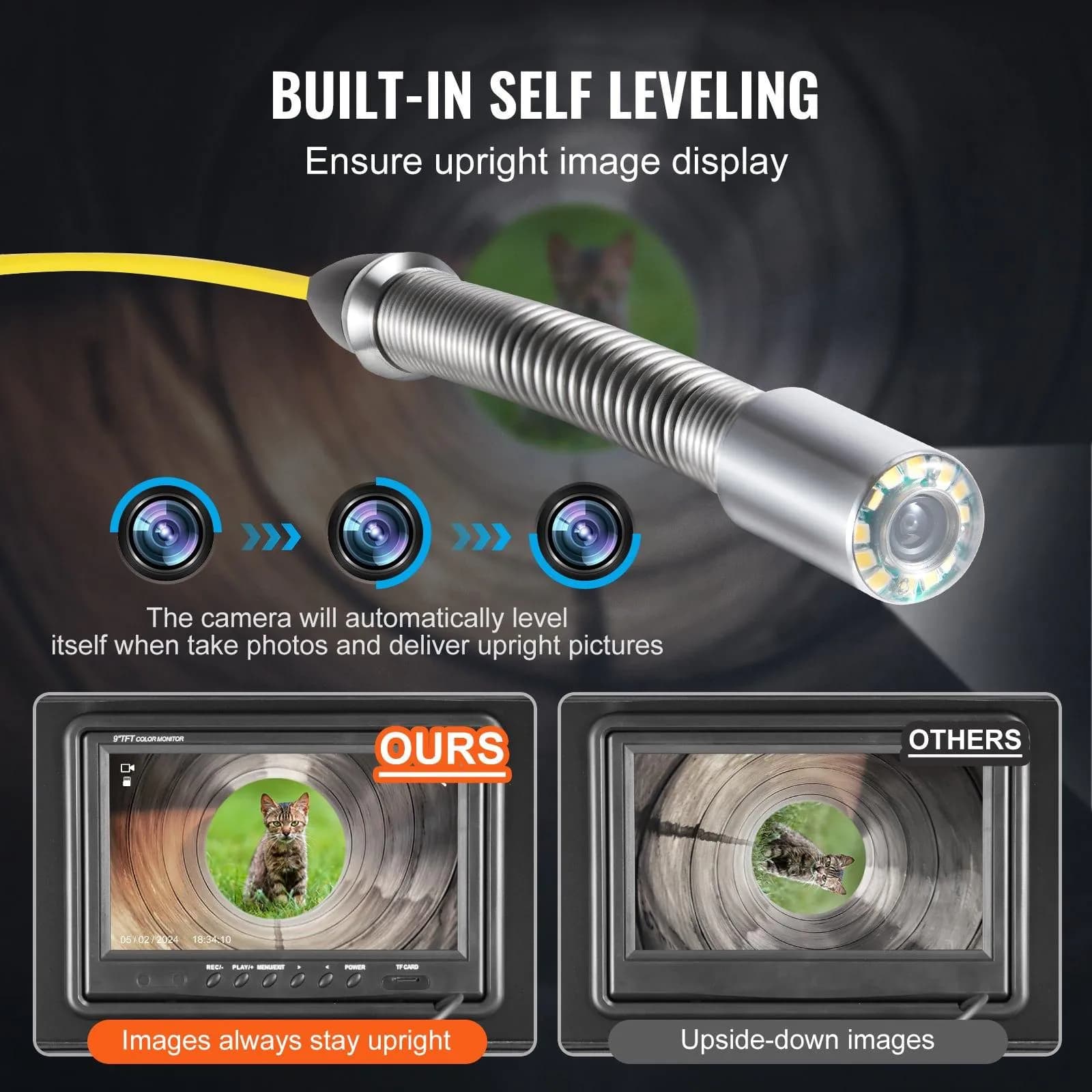 image-VEVOR Sewer Camera with 512Hz Locator, 98 ft/30 m, 9" Drain Inspection Camera with Self-Leveling, 36X Zoom, Plumbing Camera with Lights-12 LED, 32GB Card, IP68 Waterproof Snake Camera for Duct Pipe