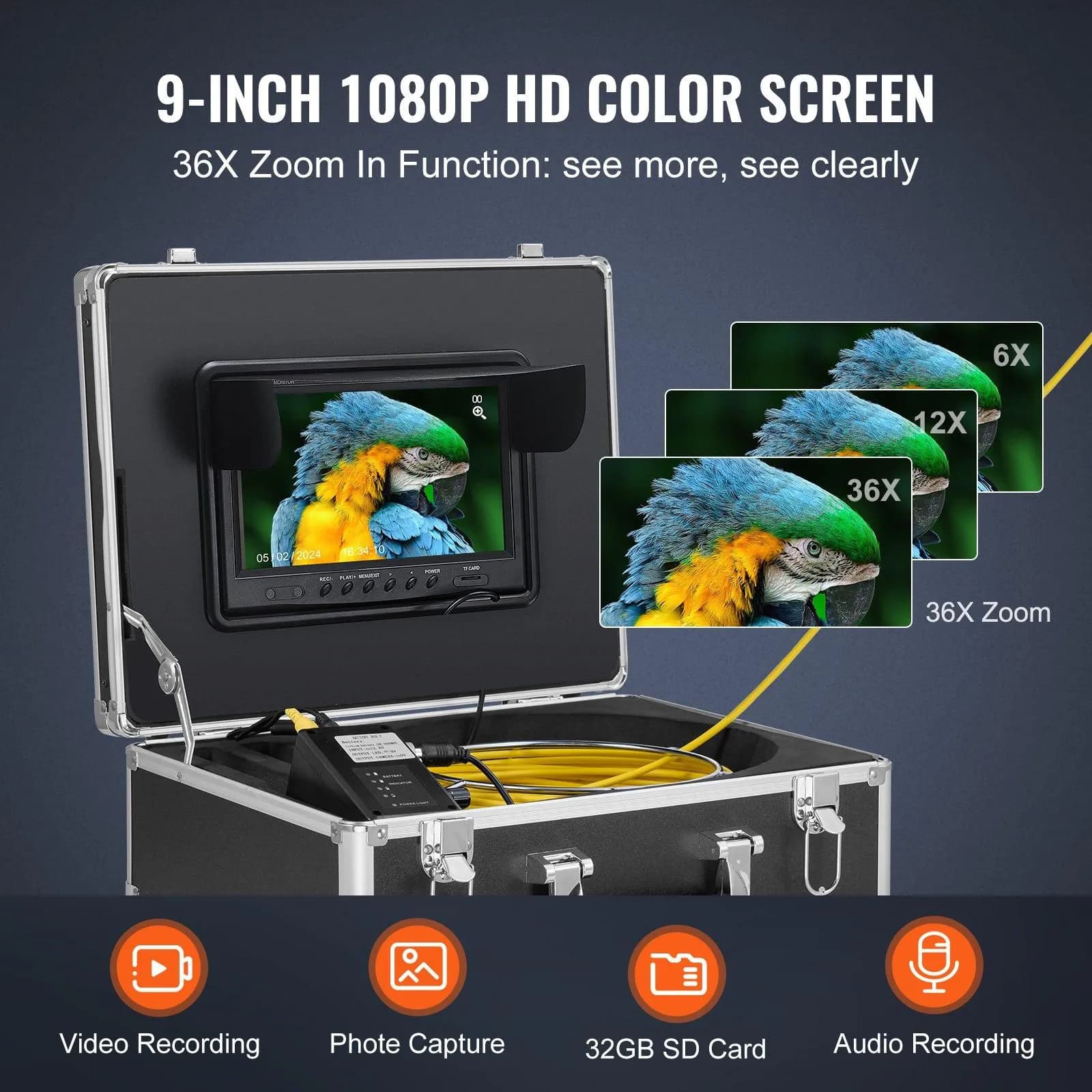 image-VEVOR Sewer Camera with 512Hz Locator, 98 ft/30 m, 9" Drain Inspection Camera with Self-Leveling, 36X Zoom, Plumbing Camera with Lights-12 LED, 32GB Card, IP68 Waterproof Snake Camera for Duct Pipe