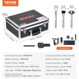image-VEVOR Sewer Camera with 512Hz Locator, 98 ft/30 m, 9" Drain Inspection Camera with Self-Leveling, 36X Zoom, Plumbing Camera with Lights-12 LED, 32GB Card, IP68 Waterproof Snake Camera for Duct Pipe