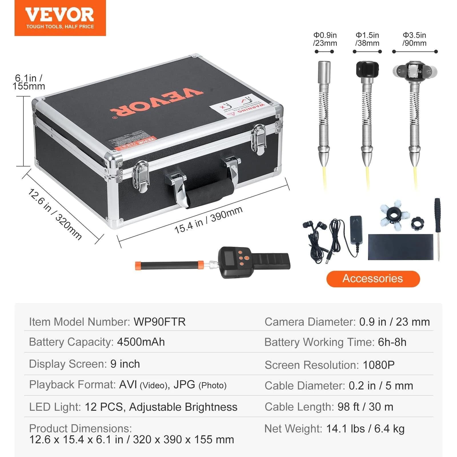 image-VEVOR Sewer Camera with 512Hz Locator, 98 ft/30 m, 9" Drain Inspection Camera with Self-Leveling, 36X Zoom, Plumbing Camera with Lights-12 LED, 32GB Card, IP68 Waterproof Snake Camera for Duct Pipe