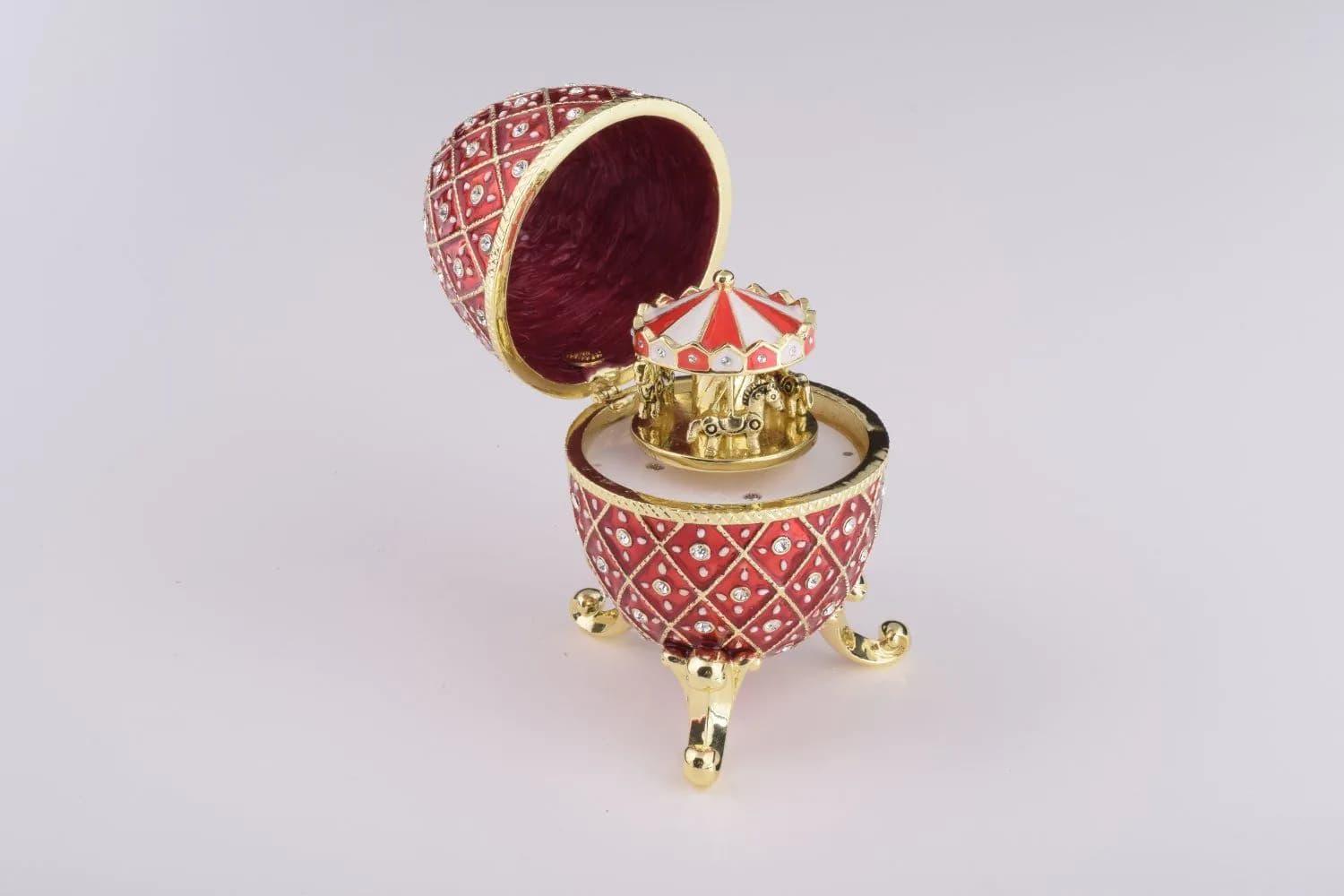 image-Red Faberge Egg with Horse Carousel Surprise Inside