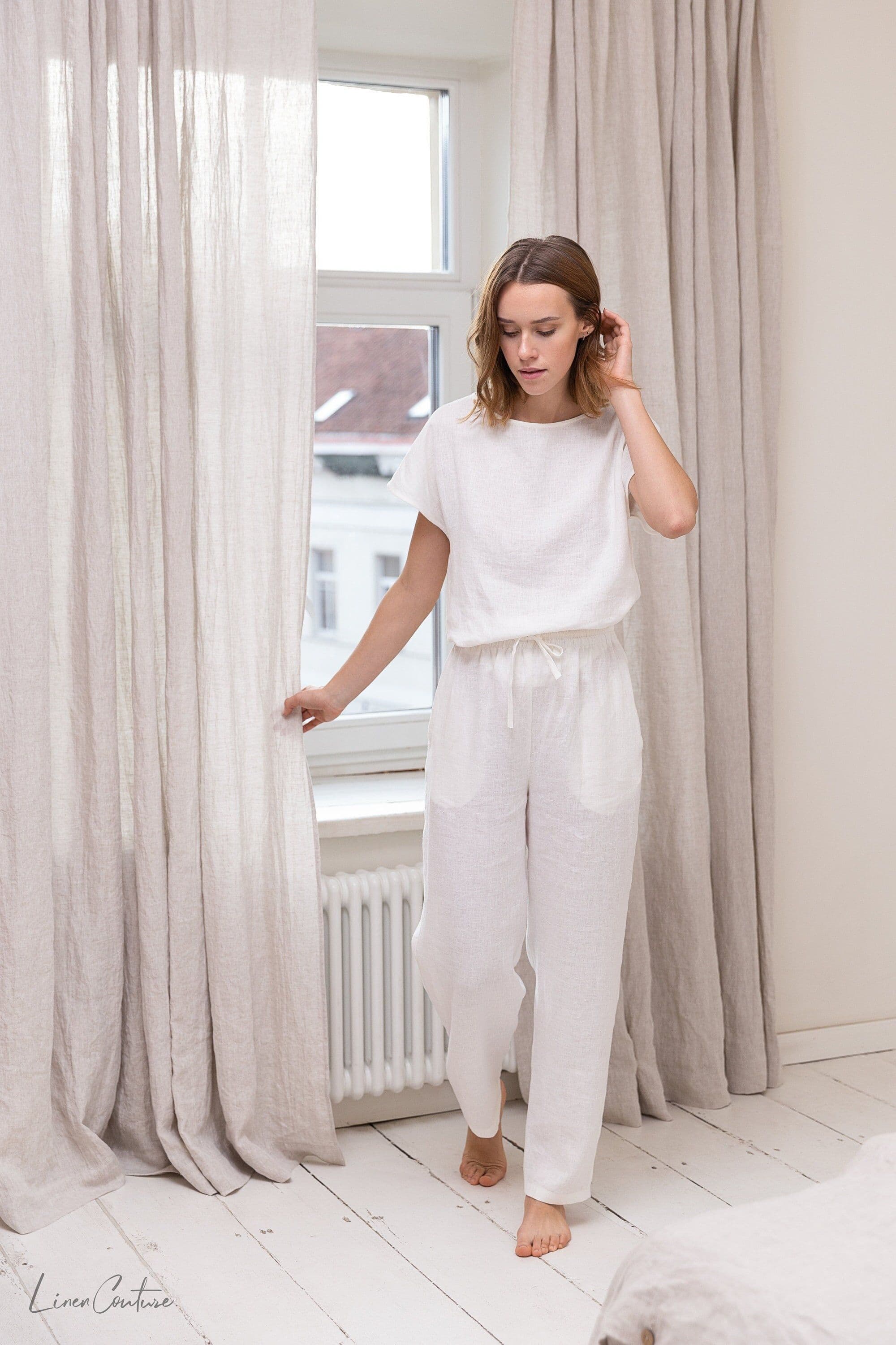 image-White linen / Natural Linen Pajama set / Linen loungewear / Linen