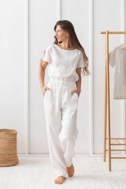 image-White linen / Natural Linen Pajama set / Linen loungewear / Linen