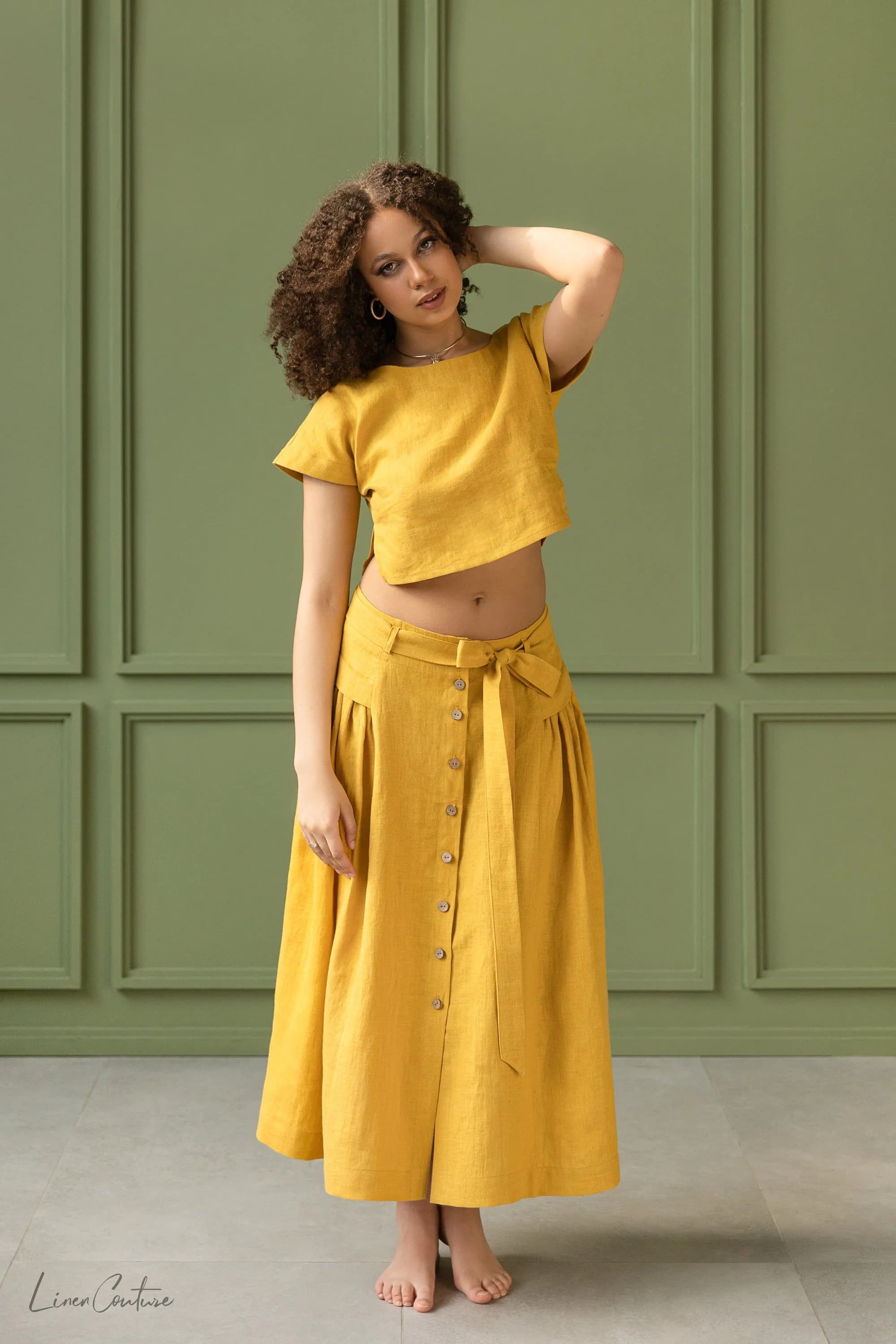 image-Taormina Set | Linen Crop Top and Flared Midi Skirt