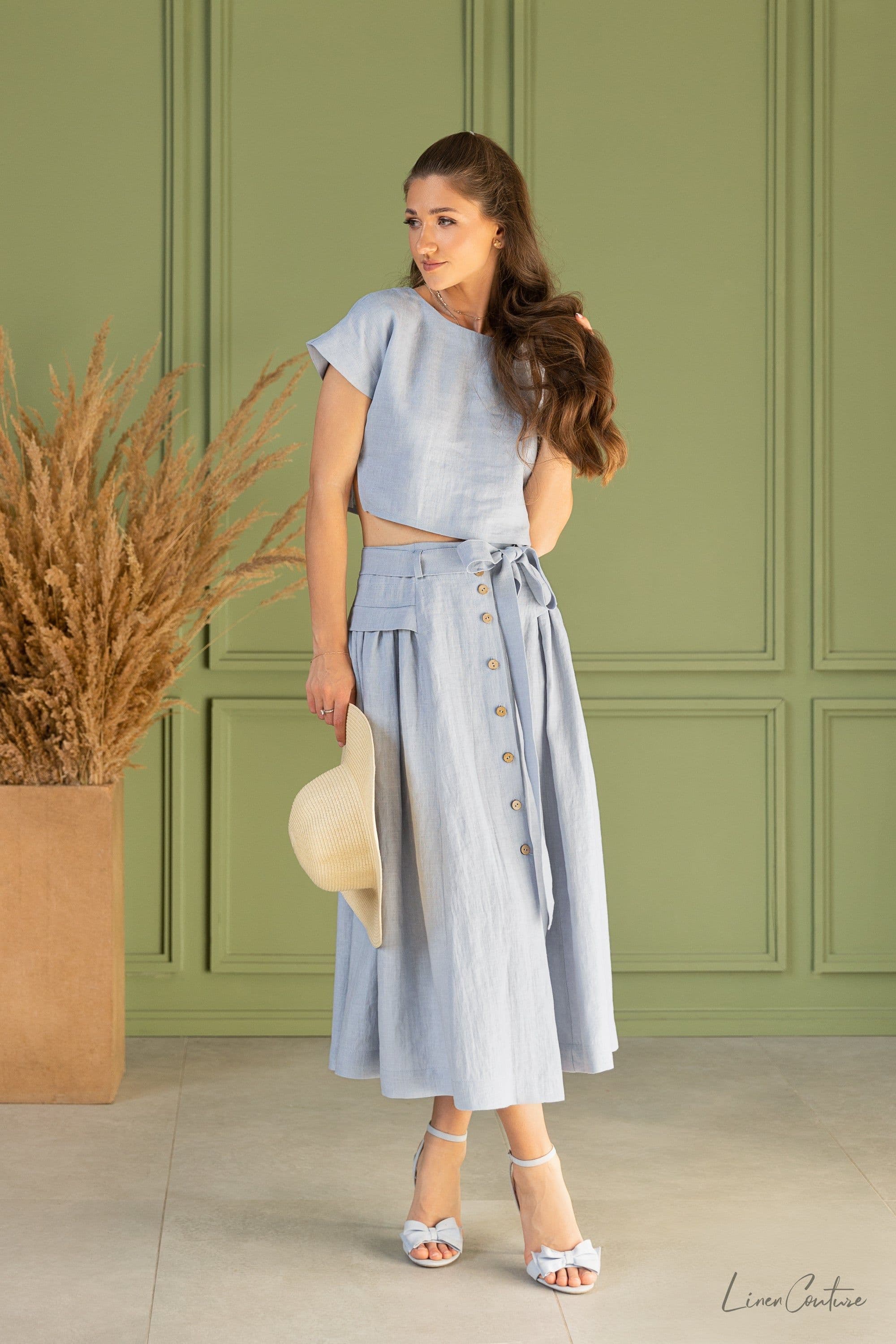 image-Taormina Set | Linen Crop Top and Flared Midi Skirt