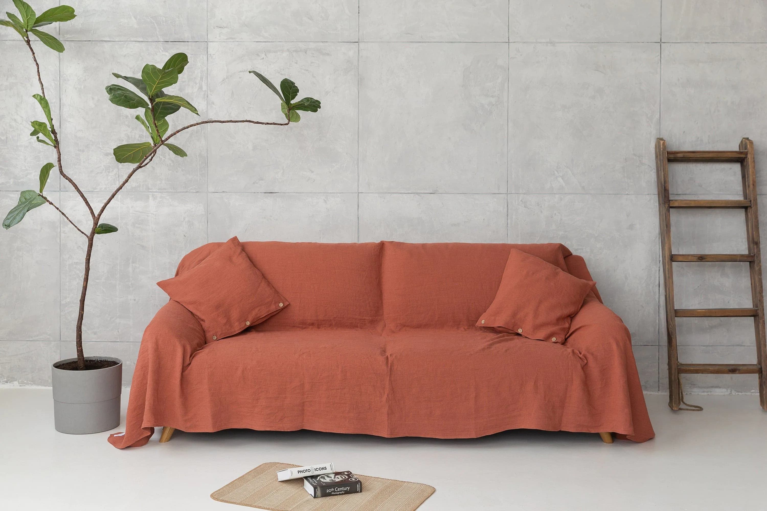 image-Reddish Brown linen couch cover
