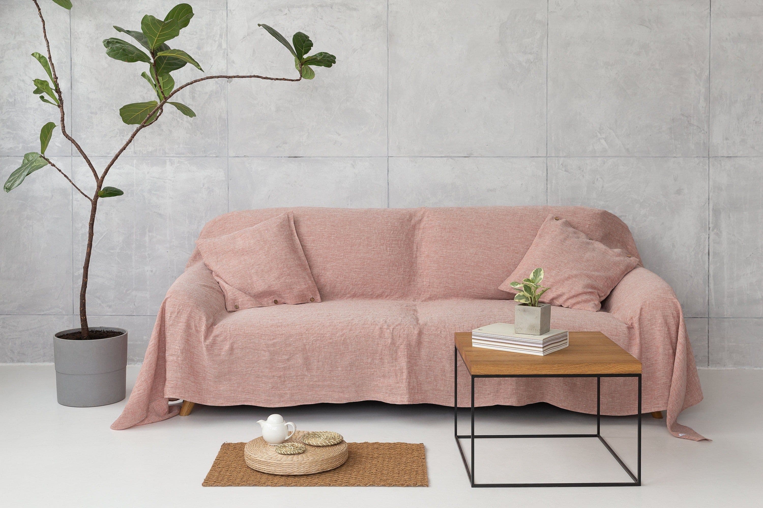 image-Reddish Brown linen couch cover