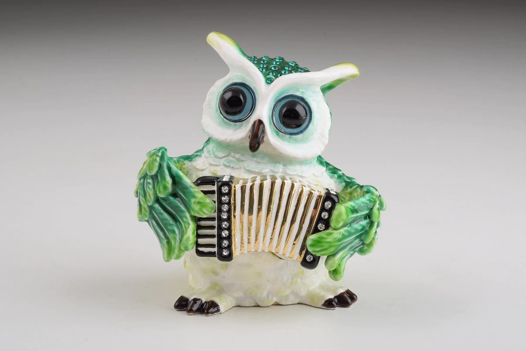 image-Green Owl Playing Accordion Trinket Box