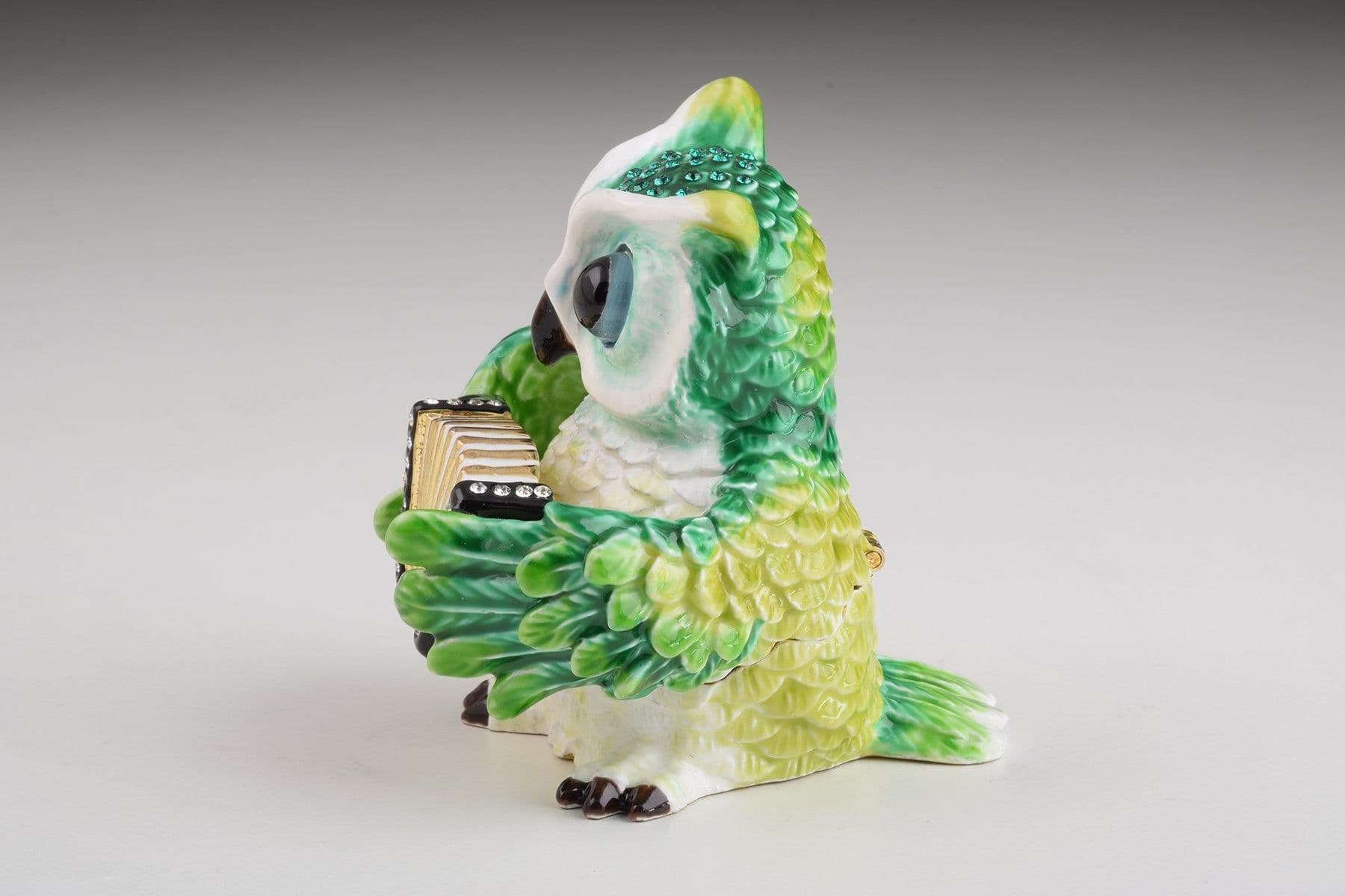 image-Green Owl Playing Accordion Trinket Box