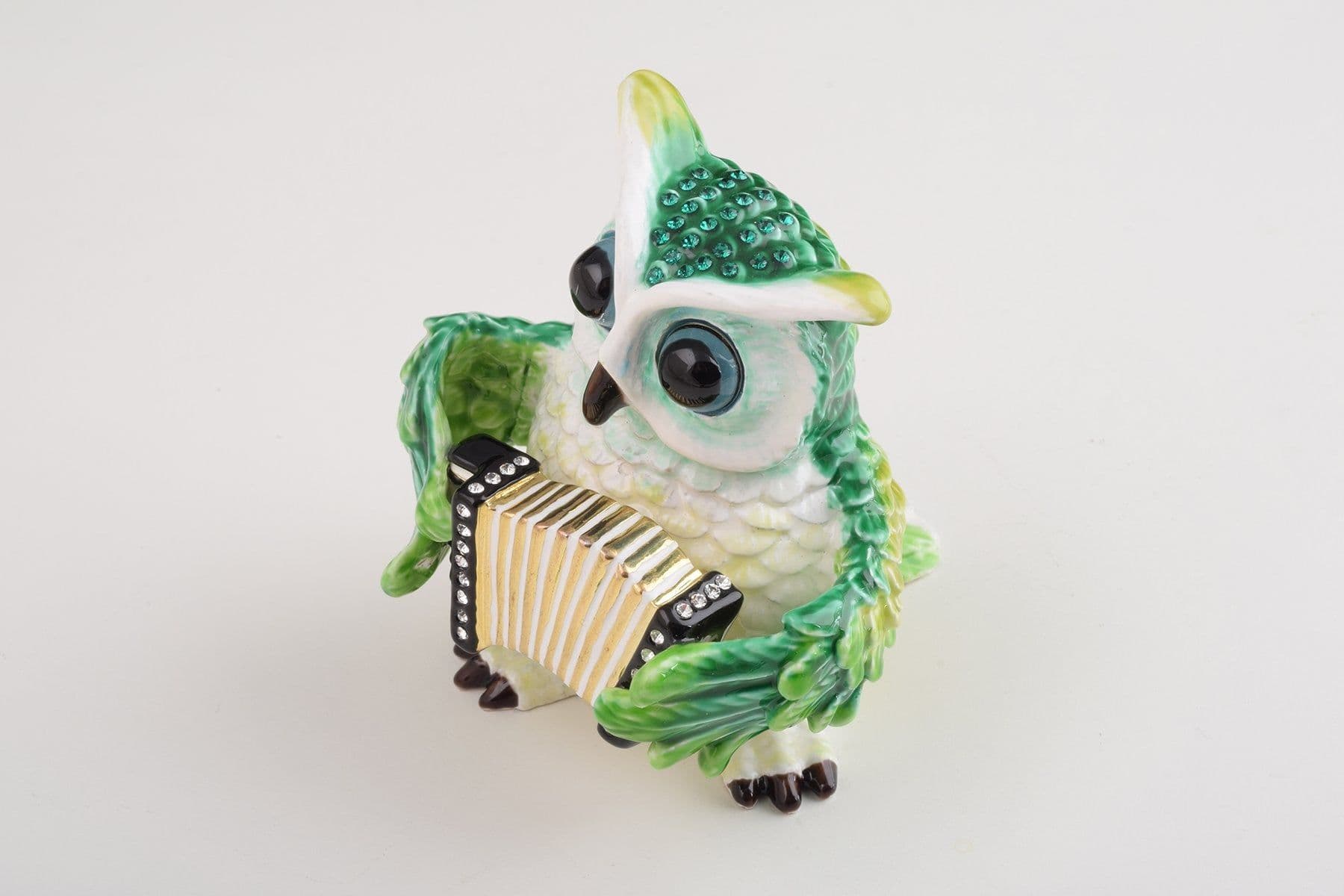 image-Green Owl Playing Accordion Trinket Box