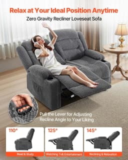 image-VEVOR Loveseat Recliner Sofa, Manual Reclining Couch with Heating and Massage, Soft Corduroy Recliner Sofa with USB Ports, Cup Holders and Side Storage Bags, Dual Loveseat Chair for Living Room, Grey