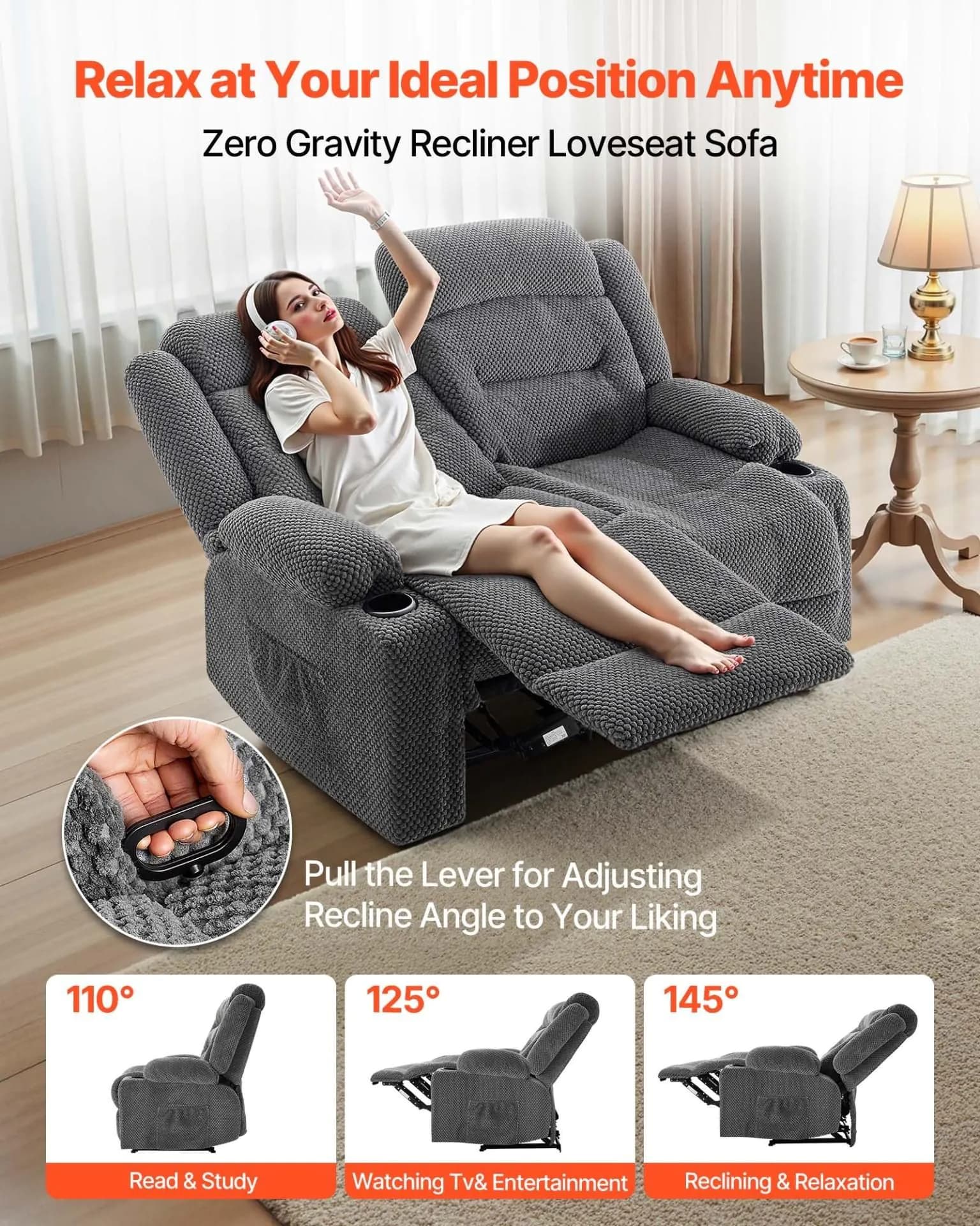 image-VEVOR Loveseat Recliner Sofa, Manual Reclining Couch with Heating and Massage, Soft Corduroy Recliner Sofa with USB Ports, Cup Holders and Side Storage Bags, Dual Loveseat Chair for Living Room, Grey
