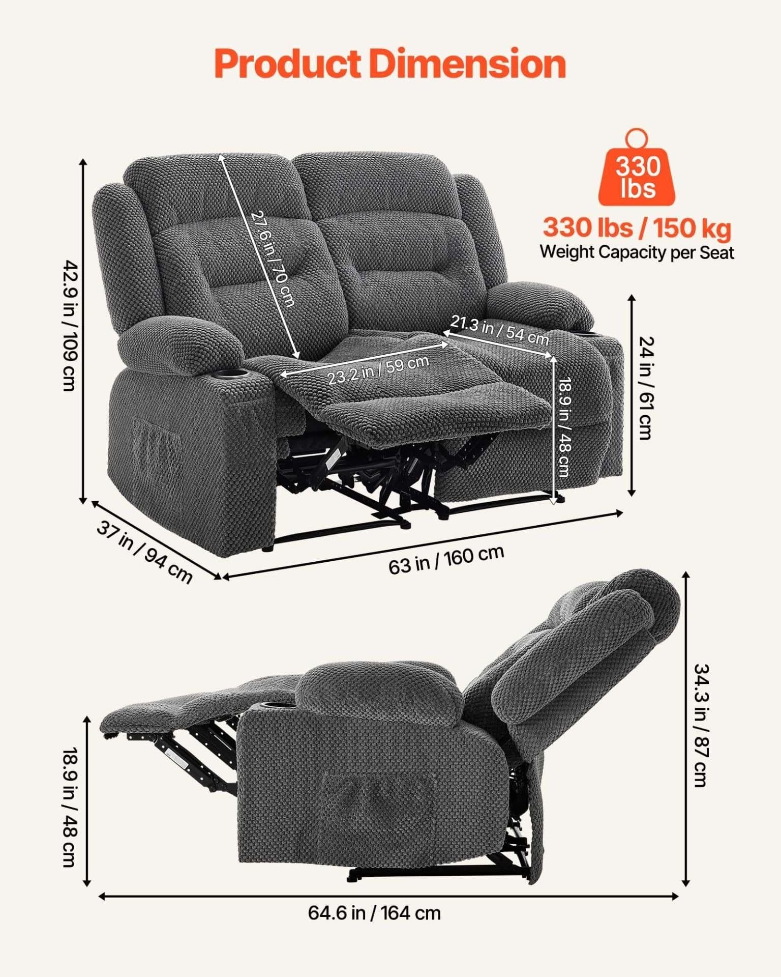 image-VEVOR Loveseat Recliner Sofa, Manual Reclining Couch with Heating and Massage, Soft Corduroy Recliner Sofa with USB Ports, Cup Holders and Side Storage Bags, Dual Loveseat Chair for Living Room, Grey