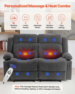 image-VEVOR Loveseat Recliner Sofa, Manual Reclining Couch with Heating and Massage, Soft Corduroy Recliner Sofa with USB Ports, Cup Holders and Side Storage Bags, Dual Loveseat Chair for Living Room, Grey