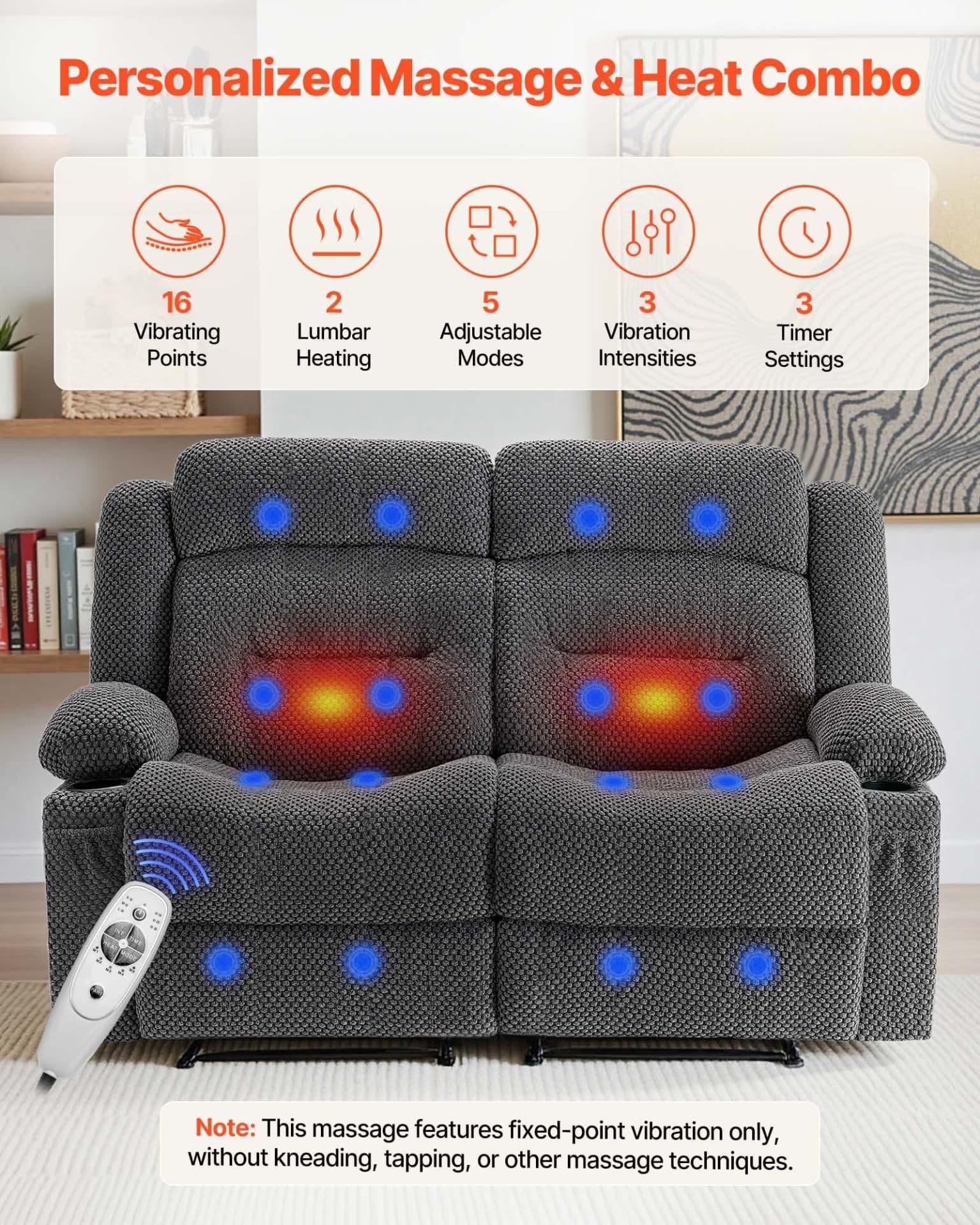image-VEVOR Loveseat Recliner Sofa, Manual Reclining Couch with Heating and Massage, Soft Corduroy Recliner Sofa with USB Ports, Cup Holders and Side Storage Bags, Dual Loveseat Chair for Living Room, Grey