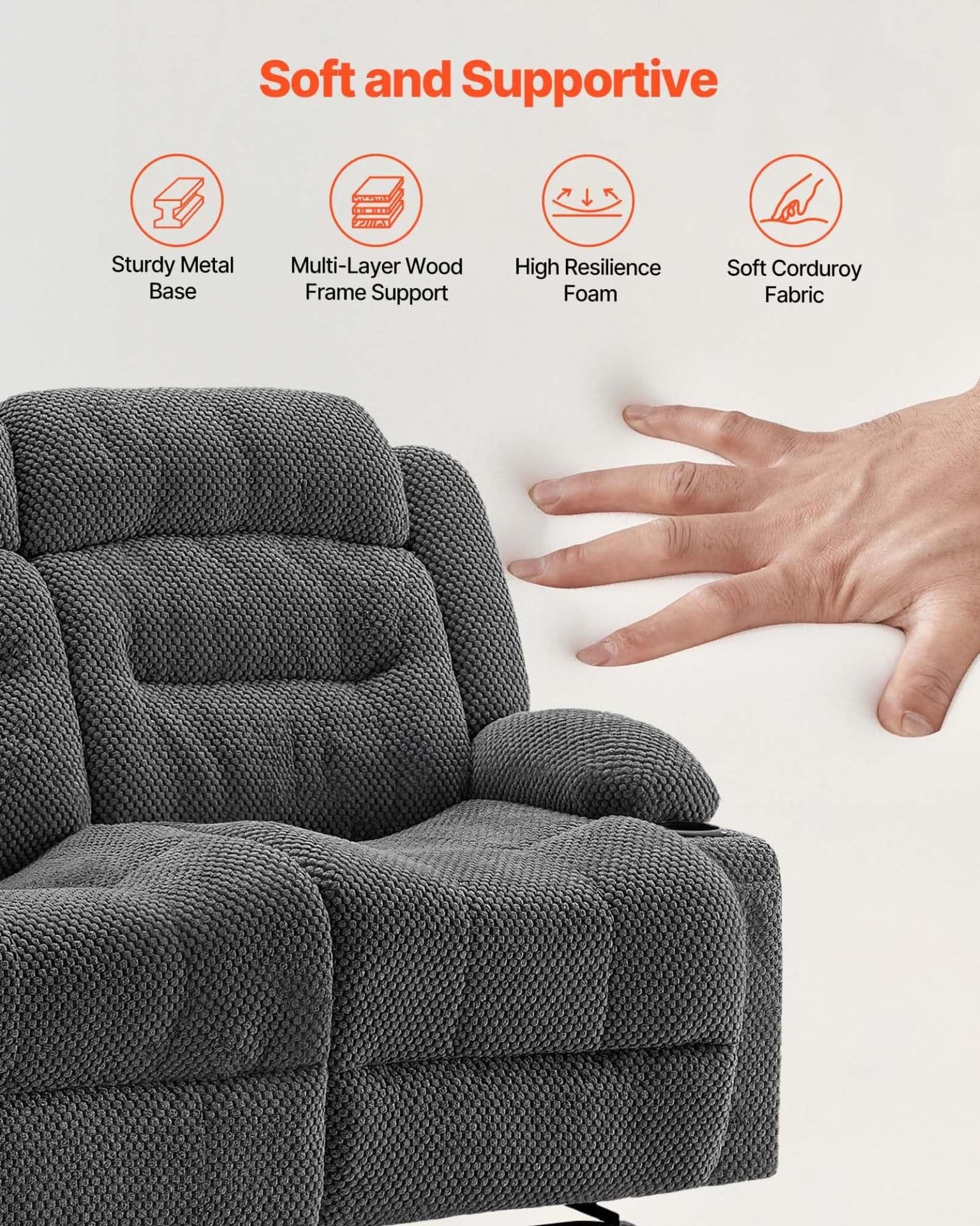 image-VEVOR Loveseat Recliner Sofa, Manual Reclining Couch with Heating and Massage, Soft Corduroy Recliner Sofa with USB Ports, Cup Holders and Side Storage Bags, Dual Loveseat Chair for Living Room, Grey