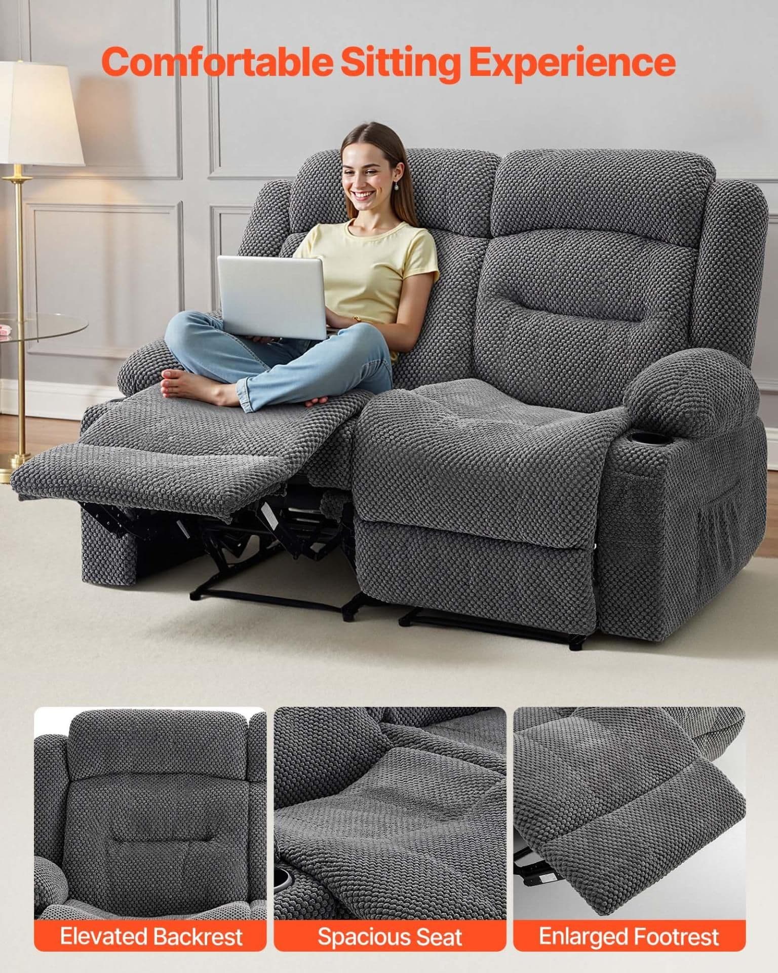 image-VEVOR Loveseat Recliner Sofa, Manual Reclining Couch with Heating and Massage, Soft Corduroy Recliner Sofa with USB Ports, Cup Holders and Side Storage Bags, Dual Loveseat Chair for Living Room, Grey