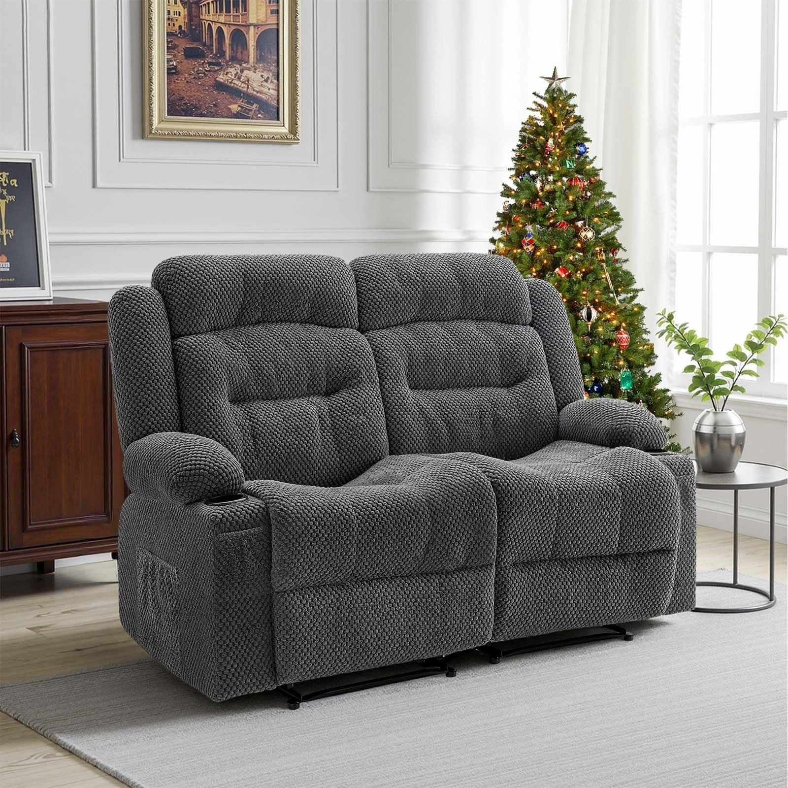 image-VEVOR Loveseat Recliner Sofa, Manual Reclining Couch with Heating and Massage, Soft Corduroy Recliner Sofa with USB Ports, Cup Holders and Side Storage Bags, Dual Loveseat Chair for Living Room, Grey