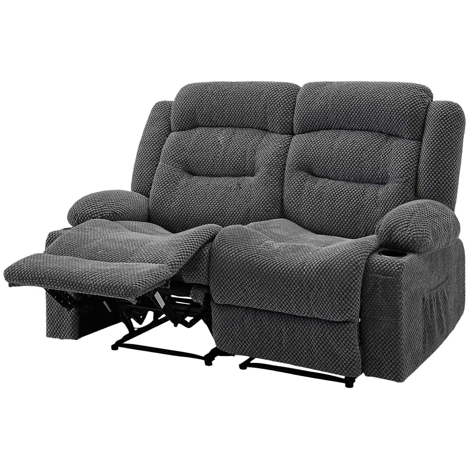 image-VEVOR Loveseat Recliner Sofa, Manual Reclining Couch with Heating and Massage, Soft Corduroy Recliner Sofa with USB Ports, Cup Holders and Side Storage Bags, Dual Loveseat Chair for Living Room, Grey