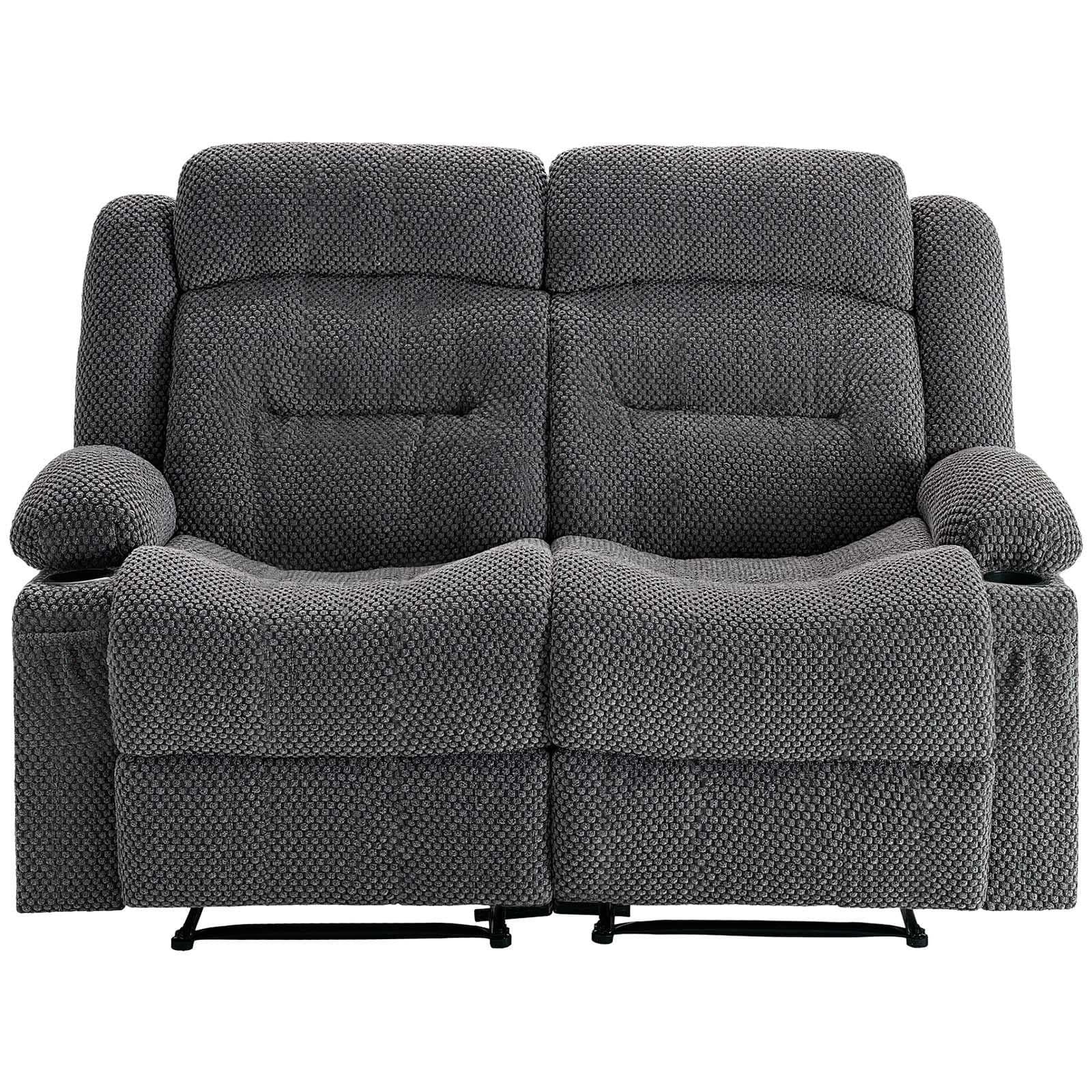 image-VEVOR Loveseat Recliner Sofa, Manual Reclining Couch with Heating and Massage, Soft Corduroy Recliner Sofa with USB Ports, Cup Holders and Side Storage Bags, Dual Loveseat Chair for Living Room, Grey
