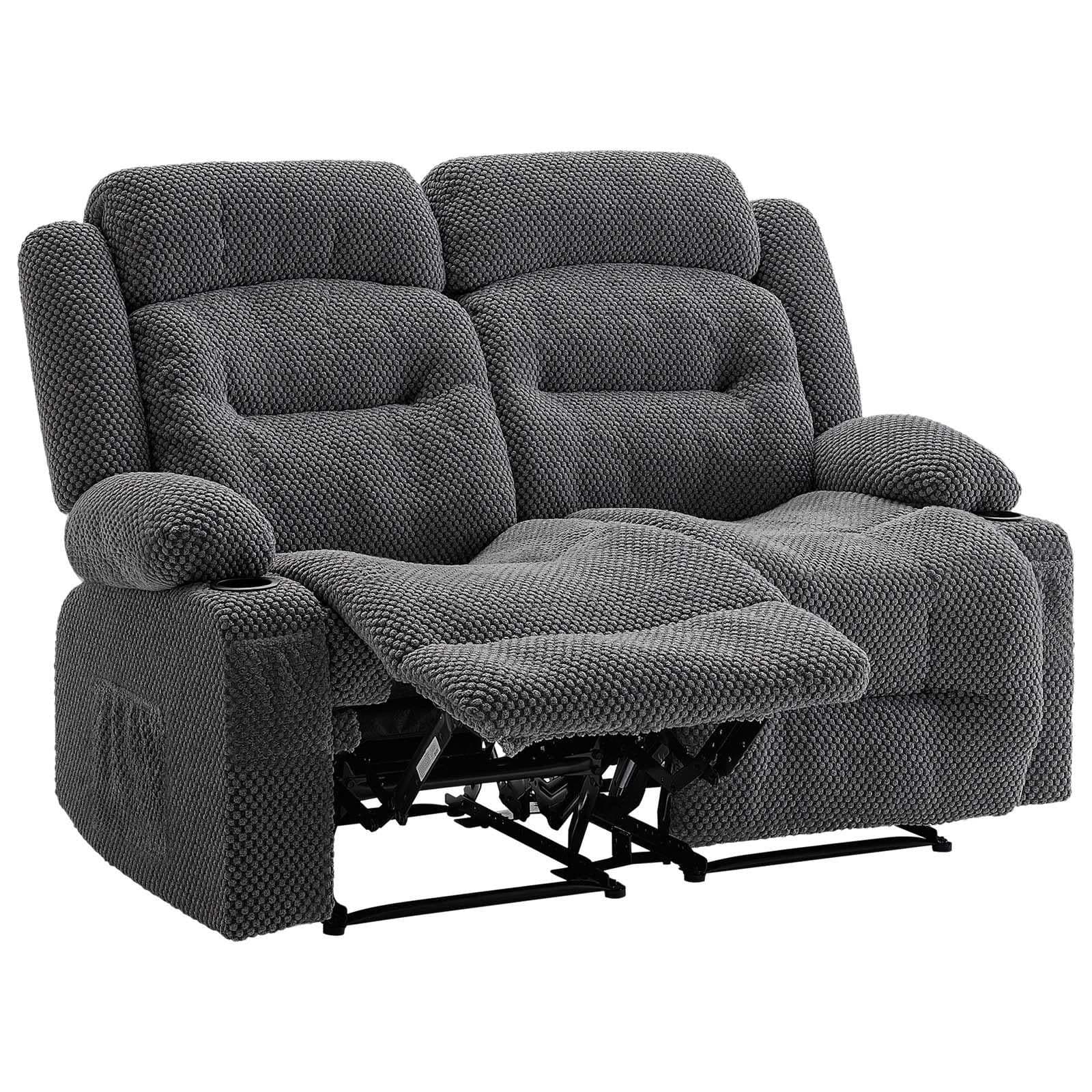 image-VEVOR Loveseat Recliner Sofa, Manual Reclining Couch with Heating and Massage, Soft Corduroy Recliner Sofa with USB Ports, Cup Holders and Side Storage Bags, Dual Loveseat Chair for Living Room, Grey