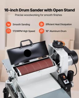 image-VEVOR 16" Drum Sander with Stand & Extension Tables, 1.5HP 1720RPM Dual Motor Drum Sander for Woodworking - Variable Speed Conveyor Belt, 4" Dust Collection Port for Cabinet & Furniture Finishing