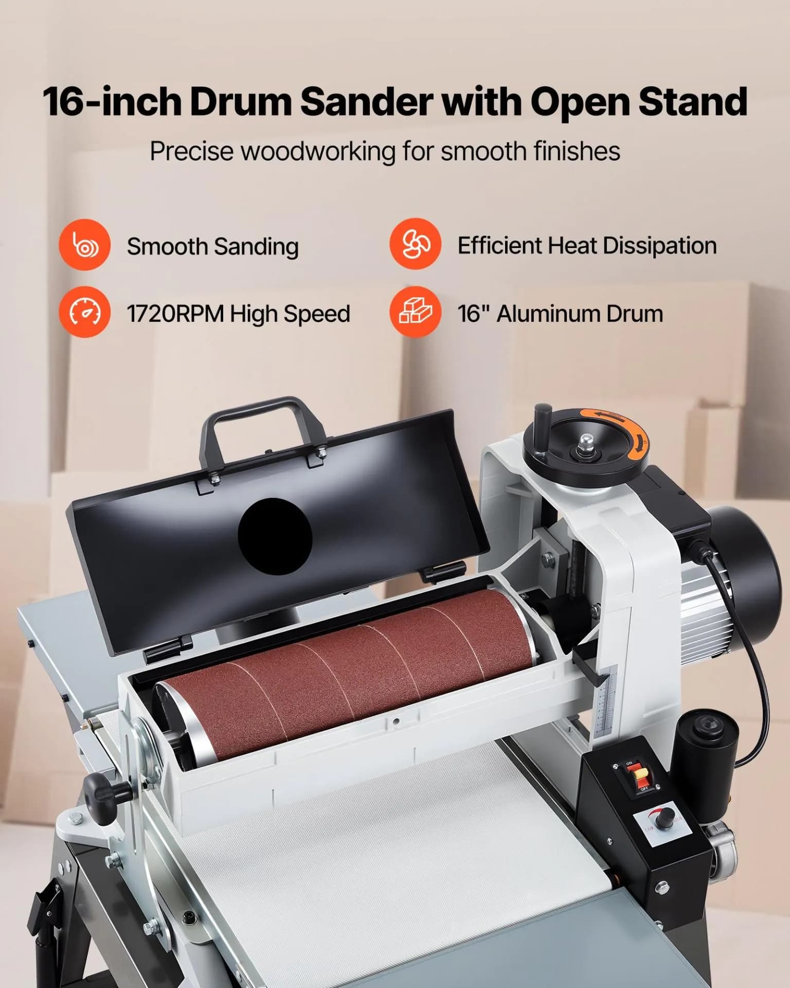image-VEVOR 16" Drum Sander with Stand & Extension Tables, 1.5HP 1720RPM Dual Motor Drum Sander for Woodworking - Variable Speed Conveyor Belt, 4" Dust Collection Port for Cabinet & Furniture Finishing