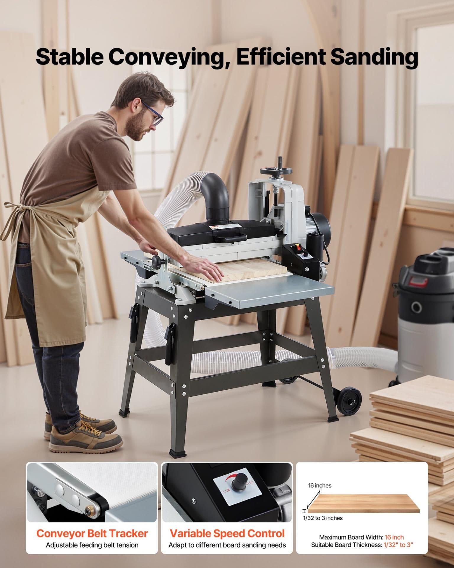 image-VEVOR 16" Drum Sander with Stand & Extension Tables, 1.5HP 1720RPM Dual Motor Drum Sander for Woodworking - Variable Speed Conveyor Belt, 4" Dust Collection Port for Cabinet & Furniture Finishing