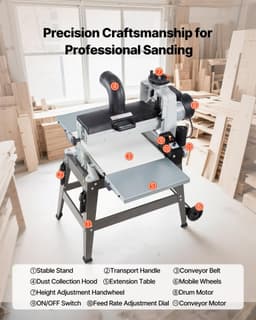 image-VEVOR 16" Drum Sander with Stand & Extension Tables, 1.5HP 1720RPM Dual Motor Drum Sander for Woodworking - Variable Speed Conveyor Belt, 4" Dust Collection Port for Cabinet & Furniture Finishing