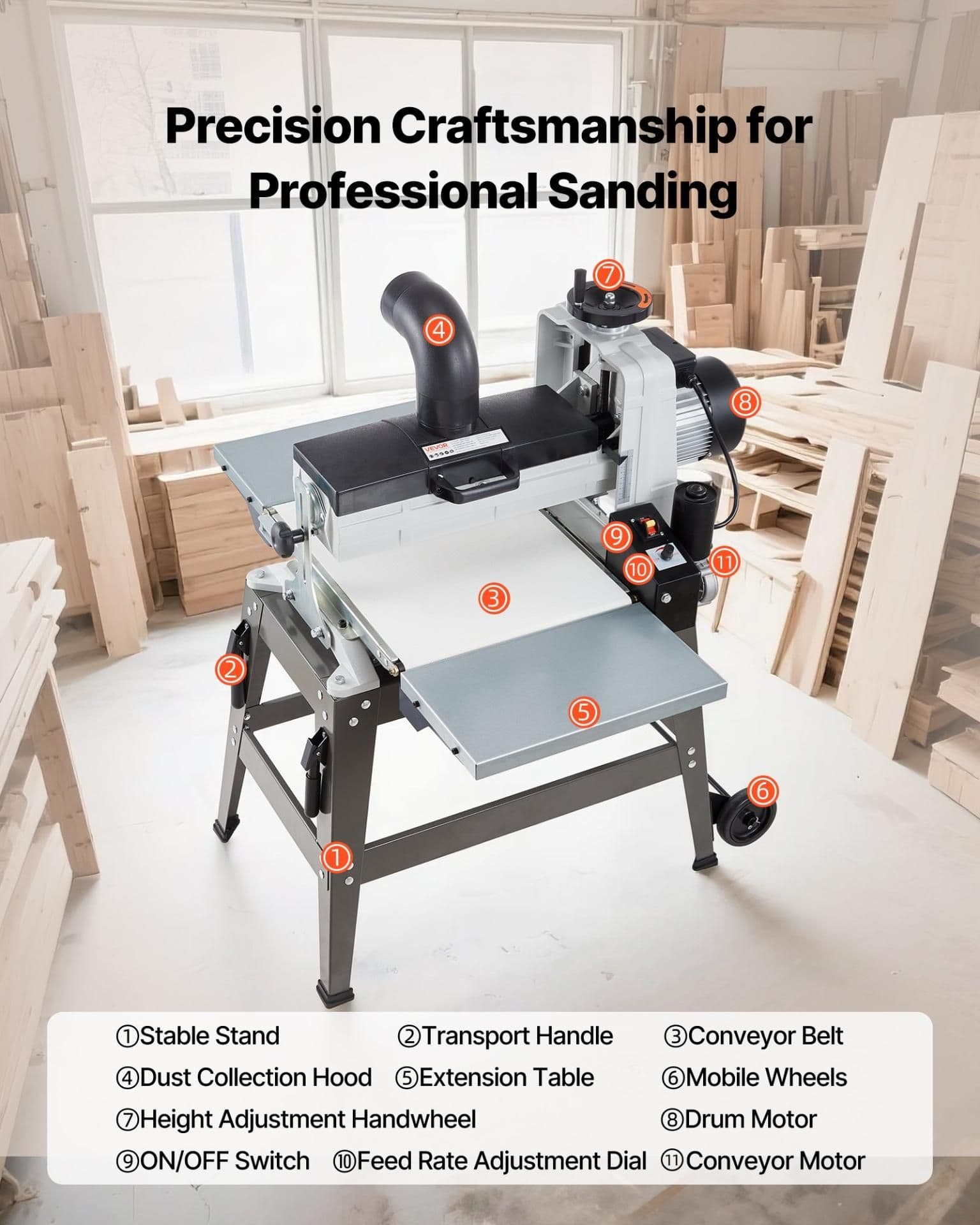 image-VEVOR 16" Drum Sander with Stand & Extension Tables, 1.5HP 1720RPM Dual Motor Drum Sander for Woodworking - Variable Speed Conveyor Belt, 4" Dust Collection Port for Cabinet & Furniture Finishing