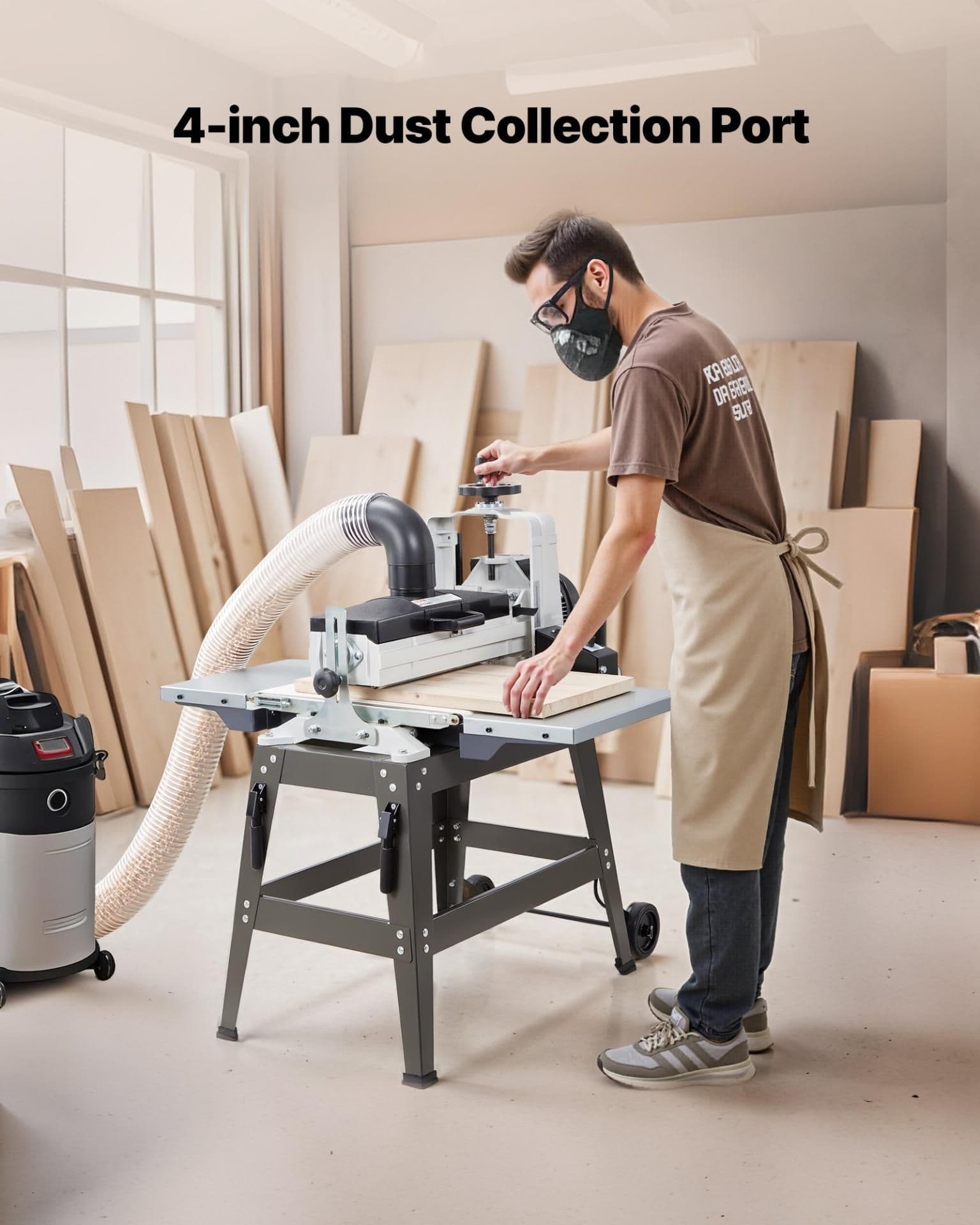 image-VEVOR 16" Drum Sander with Stand & Extension Tables, 1.5HP 1720RPM Dual Motor Drum Sander for Woodworking - Variable Speed Conveyor Belt, 4" Dust Collection Port for Cabinet & Furniture Finishing