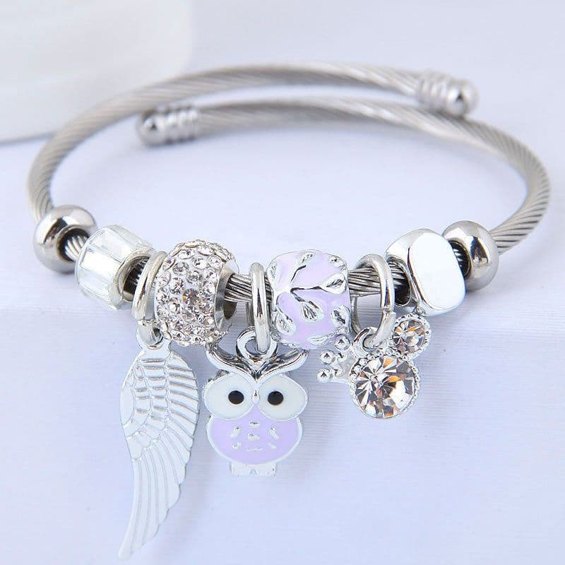 image-DIY Beaded Owl Angel Wings Pendant Stainless Steel Bracelet