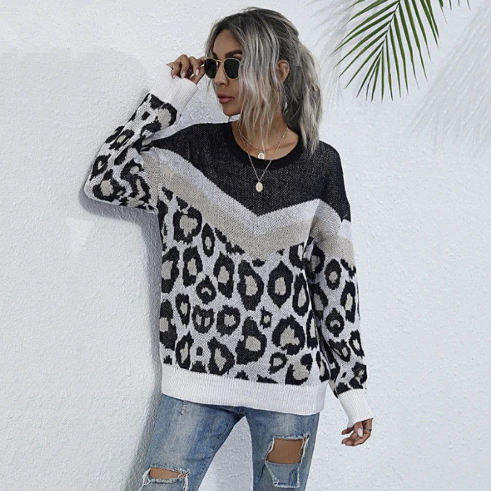 image-Womens Leopard Print Round Neck Sweater