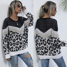 image-Womens Leopard Print Round Neck Sweater