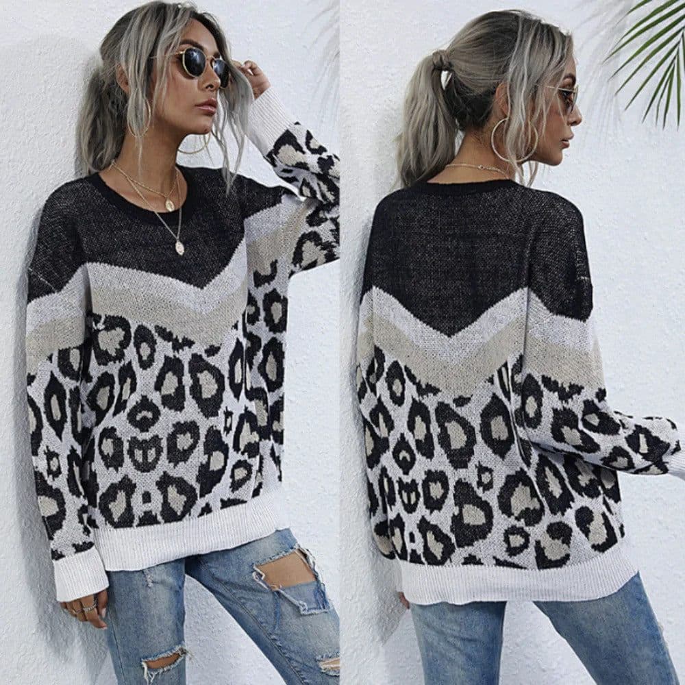 image-Womens Leopard Print Round Neck Sweater